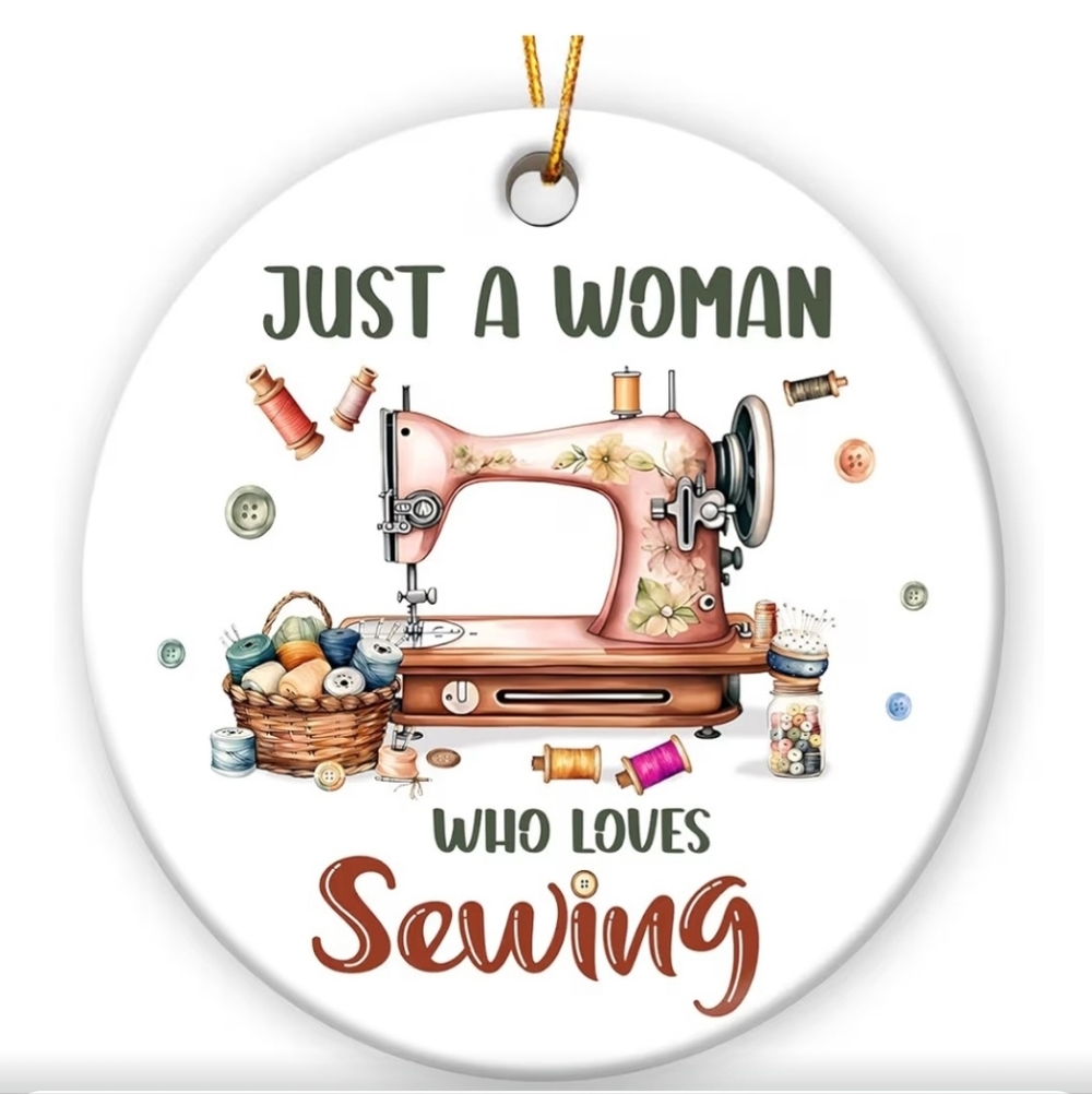 Vintage Pink Sewing Machine Ornament - 'Just A Woman Who Loves Sewing'